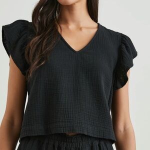 Rails Miley Breezy Double Gauze Cotton Black Ruffle Sleeve Top